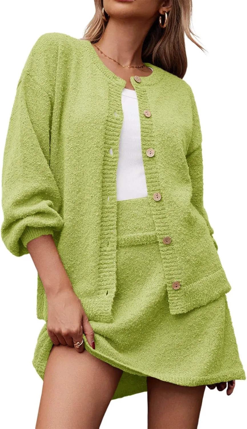 Tankaneo Womens 2 Piece Sweater Skirt Set Casual Long Sleeve Cardigan Outfits Knit Skirts Matching Lounge Sets