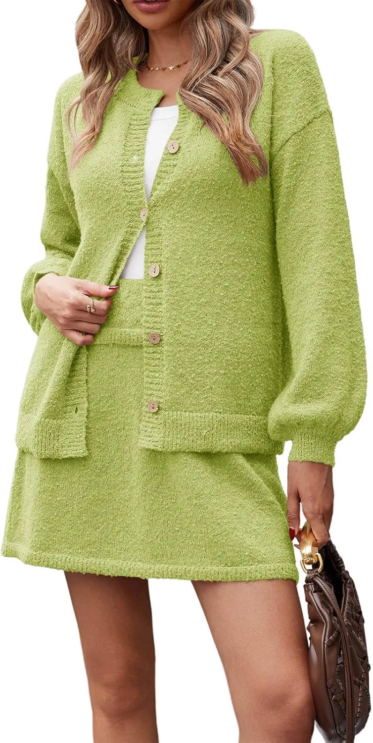 Tankaneo Womens 2 Piece Sweater Skirt Set Casual Long Sleeve Cardigan Outfits Knit Skirts Matching Lounge Sets