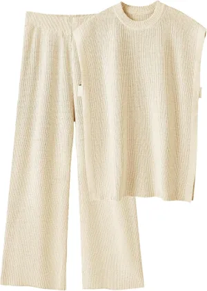Tankaneo Womens Sleeveless Sweater Sets 2 Piece Outfits Knit Pullover Tops High Waisted Pants Tracksuits