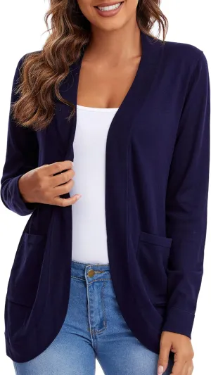 Urban CoCo Women's Long Sleeve Knit Sweater Cardigans Curved Hem Open Front with Pockets