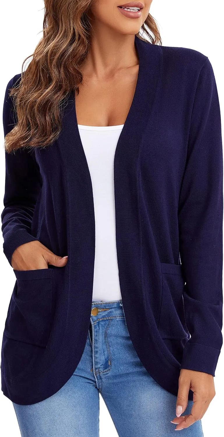 Urban CoCo Women's Long Sleeve Knit Sweater Cardigans Curved Hem Open Front with Pockets