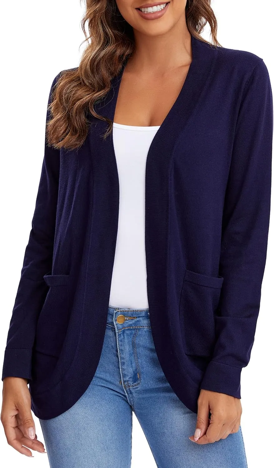 Urban CoCo Women's Long Sleeve Knit Sweater Cardigans Curved Hem Open Front with Pockets