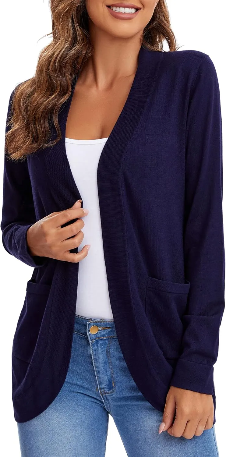 Urban CoCo Women's Long Sleeve Knit Sweater Cardigans Curved Hem Open Front with Pockets