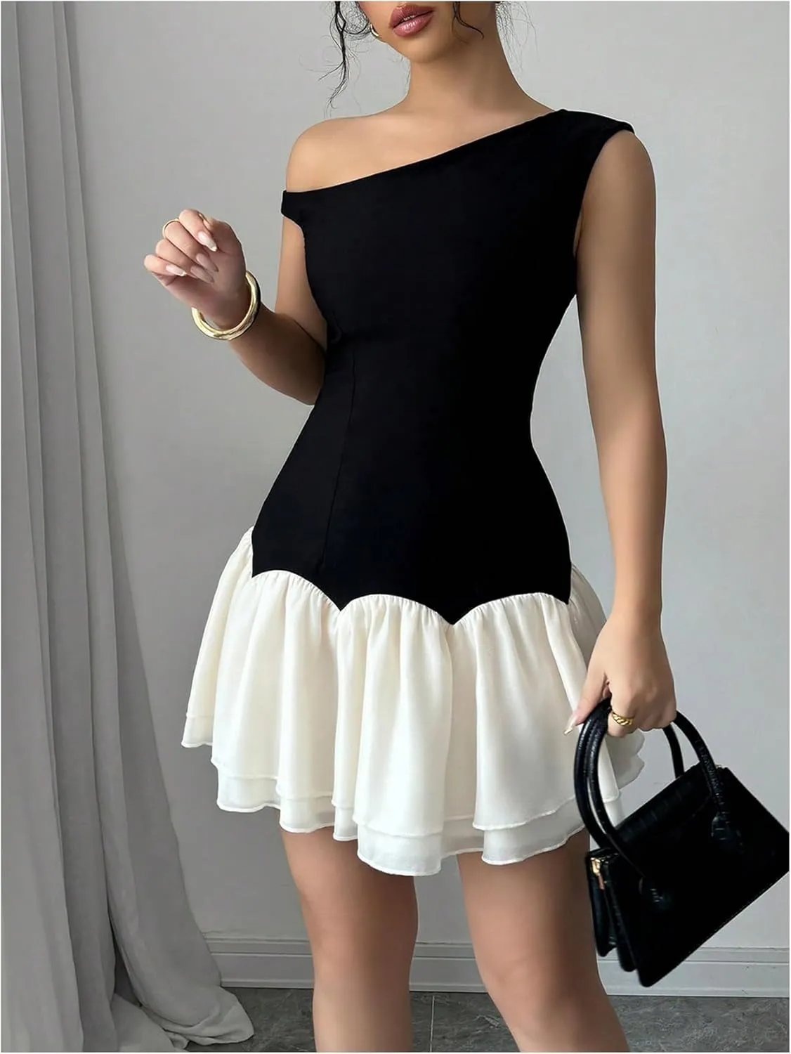 Verdusa Women's Color Block Ruffle Off Shoulder Dress Drop Waist Layered Mesh Mini Dress