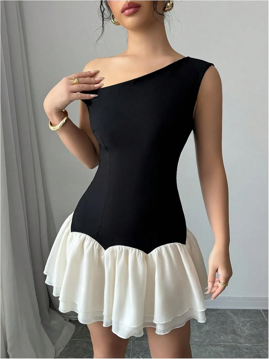 Verdusa Women's Color Block Ruffle Off Shoulder Dress Drop Waist Layered Mesh Mini Dress