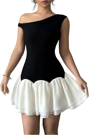 Verdusa Women's Color Block Ruffle Off Shoulder Dress Drop Waist Layered Mesh Mini Dress