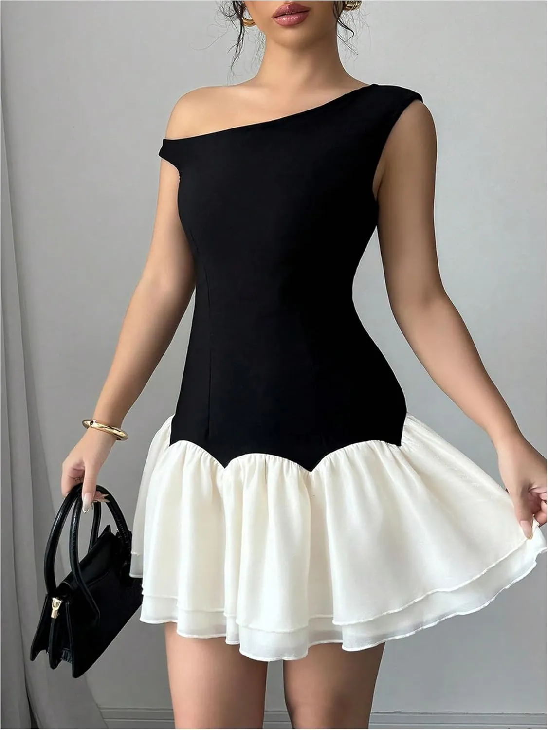 Verdusa Women's Color Block Ruffle Off Shoulder Dress Drop Waist Layered Mesh Mini Dress
