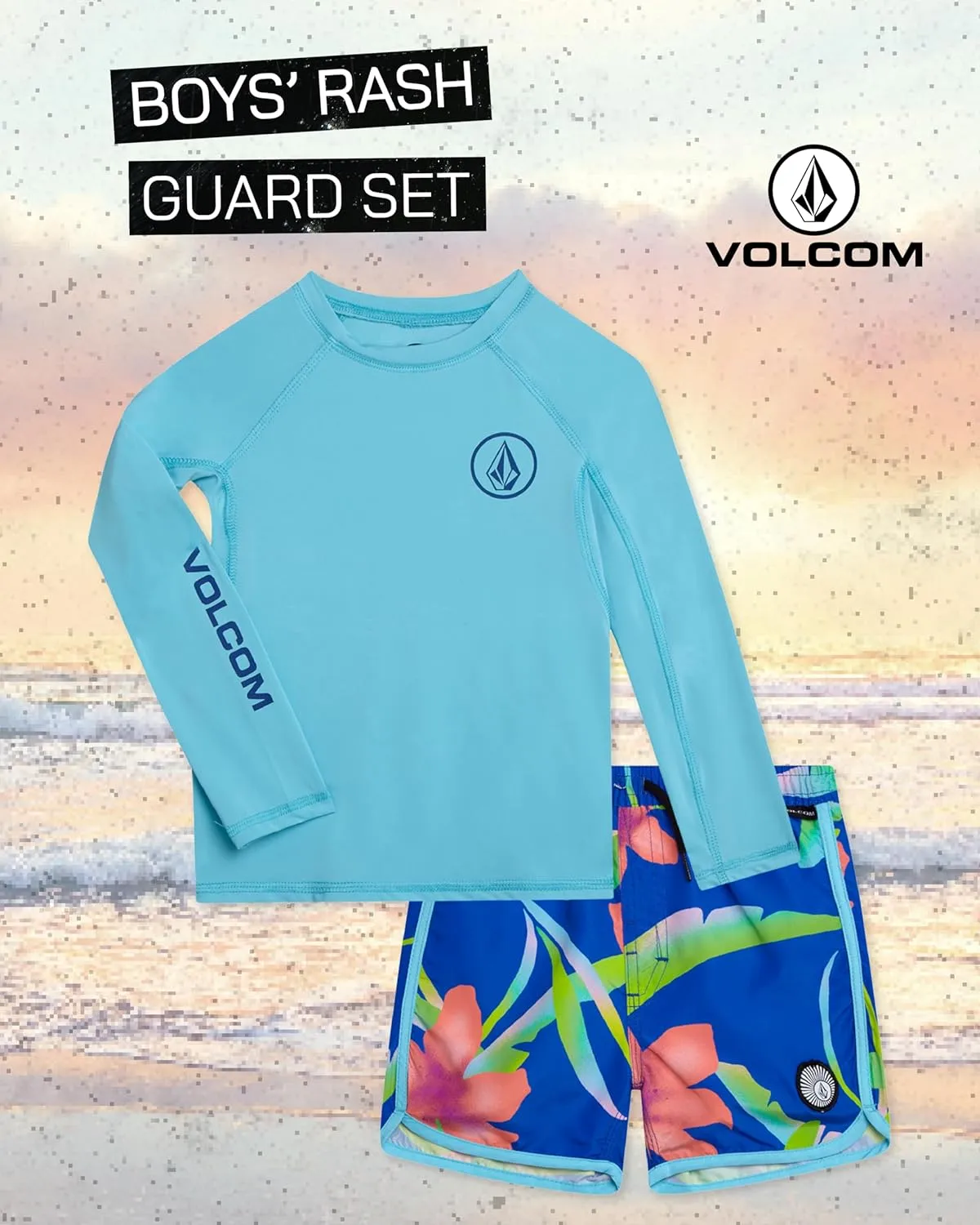Volcom Baby Boys Swim Set - 2 Piece Long Sleeve Swim Shirt Graphic Tees & Board Shorts, Infant Toddler Little Boys Swimsuit