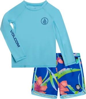 Volcom Baby Boys Swim Set - 2 Piece Long Sleeve Swim Shirt Graphic Tees & Board Shorts, Infant Toddler Little Boys Swimsuit