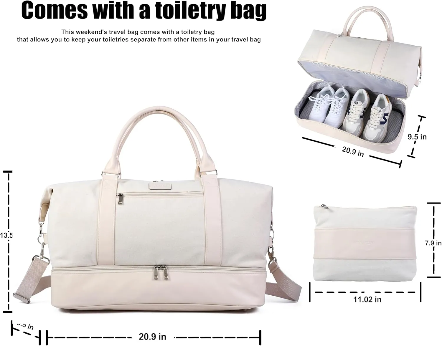 Weekender Travel Bag for Women & Men - Large Overnight Duffel Bag with Shoes Compartment & Toiletry Bag - Waterproof Weekender Bags as Personal Item for Air Travel, Gym, Weekend Getaways (Beige)