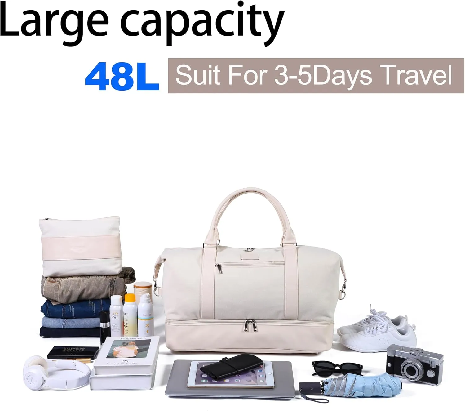 Weekender Travel Bag for Women & Men - Large Overnight Duffel Bag with Shoes Compartment & Toiletry Bag - Waterproof Weekender Bags as Personal Item for Air Travel, Gym, Weekend Getaways (Beige)