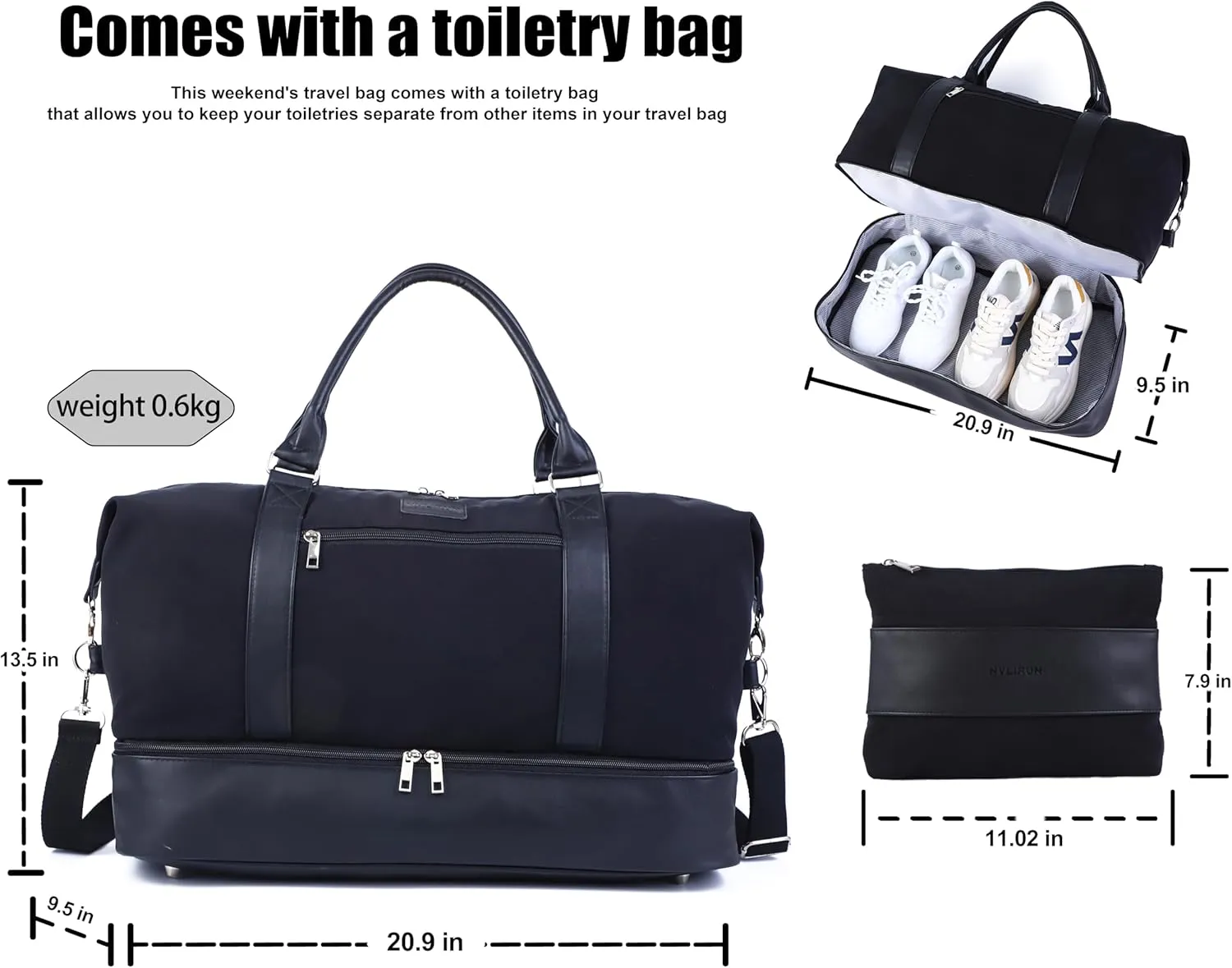 Weekender Travel Bag for Women & Men - Large Overnight Duffel Bag with Shoes Compartment & Toiletry Bag - Waterproof Weekender Bags as Personal Item for Air Travel, Gym, Weekend Getaways (Black)