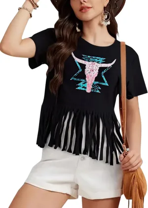 Western Vintage Shirt Cowgirl Outfit: Women Fringe Graphic Tees Rodeo Short Sleeve Tshirt Summer Vacation V Neck Tops