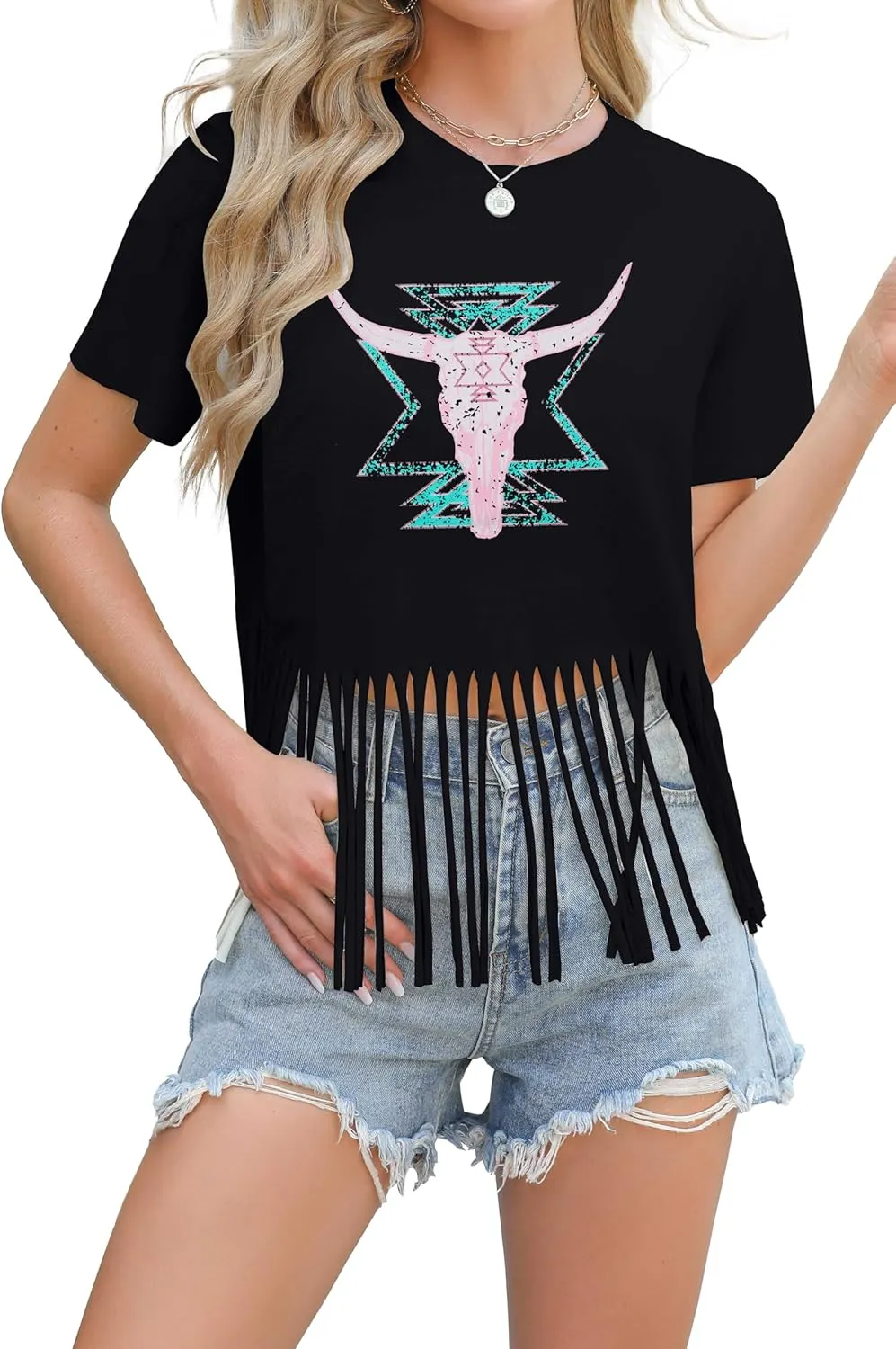 Western Vintage Shirt Cowgirl Outfit: Women Fringe Graphic Tees Rodeo Short Sleeve Tshirt Summer Vacation V Neck Tops