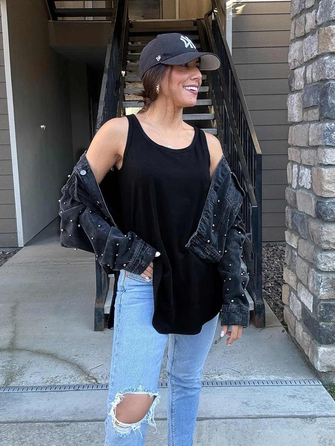 WIHOLL Loose Fit Tank Tops for Women Scoop Neck Summer Side Split Sleeveless Shirts 2025 Fashion