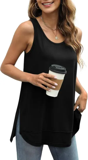 WIHOLL Loose Fit Tank Tops for Women Scoop Neck Summer Side Split Sleeveless Shirts 2025 Fashion