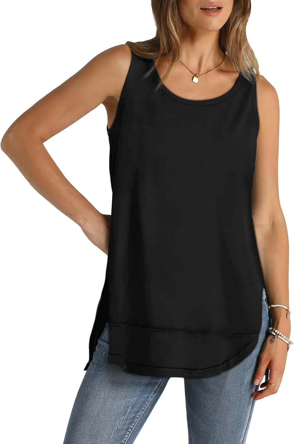WIHOLL Loose Fit Tank Tops for Women Scoop Neck Summer Side Split Sleeveless Shirts 2025 Fashion