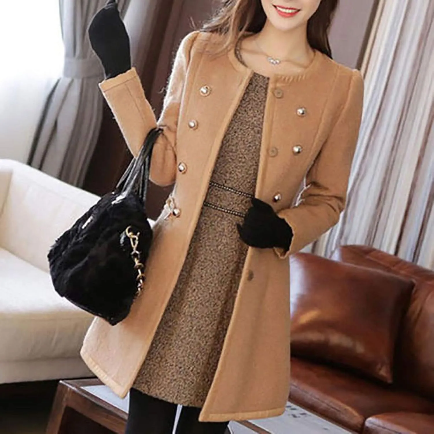 Winter Coats for Women 2024 Wool Blend Warm Pea Coats Single Breasted Long Sleeve Trench Coat Dress Coats