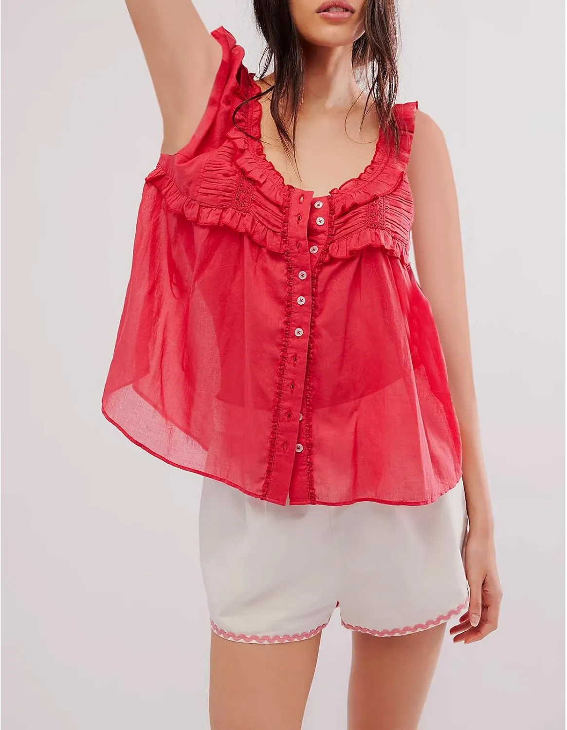 Women Lace Trim Button Up Cami Tank Crop Tops Y2k Front Tie Up Floral Ruffle Babydoll Tees Shirt Summer