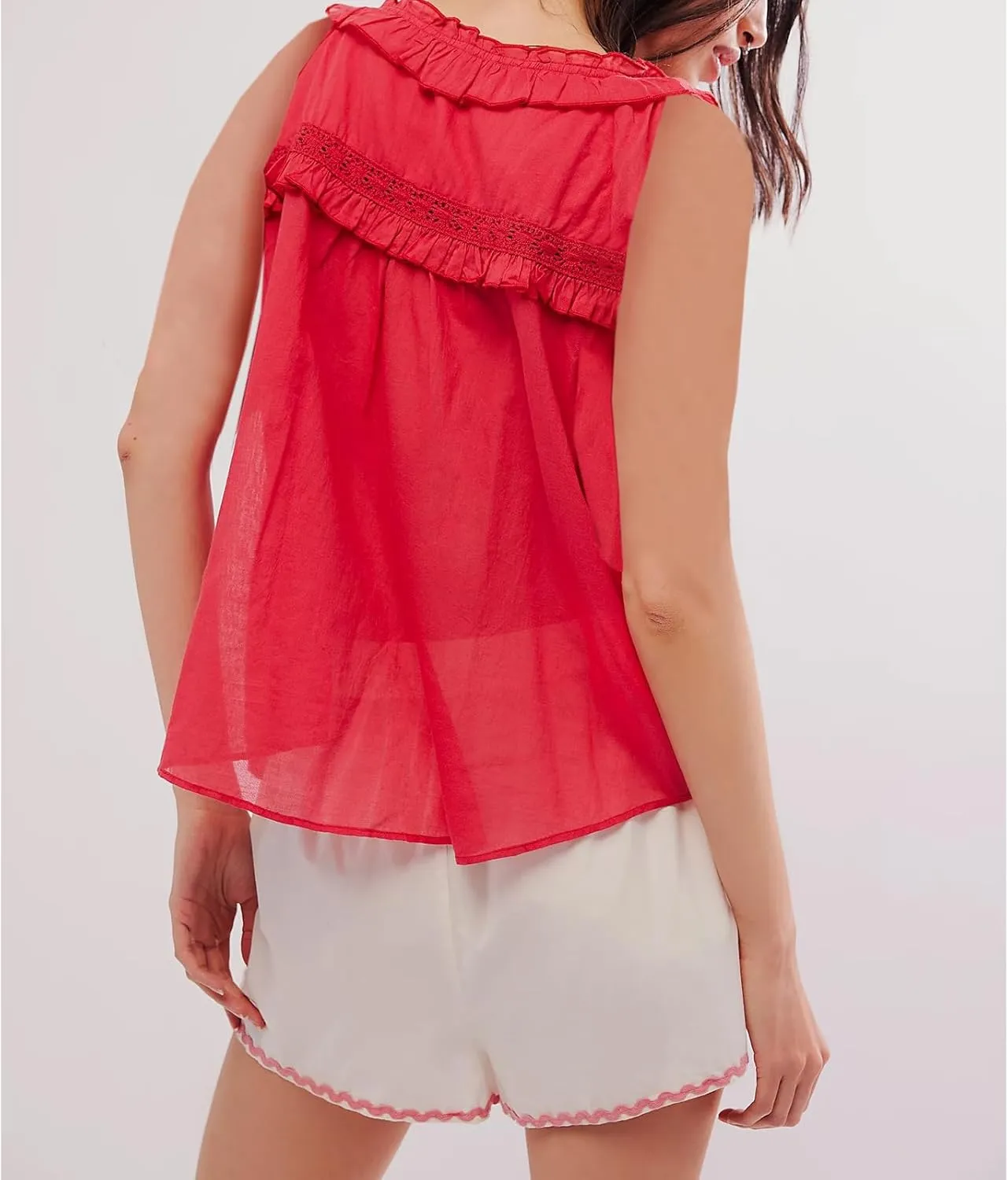 Women Lace Trim Button Up Cami Tank Crop Tops Y2k Front Tie Up Floral Ruffle Babydoll Tees Shirt Summer