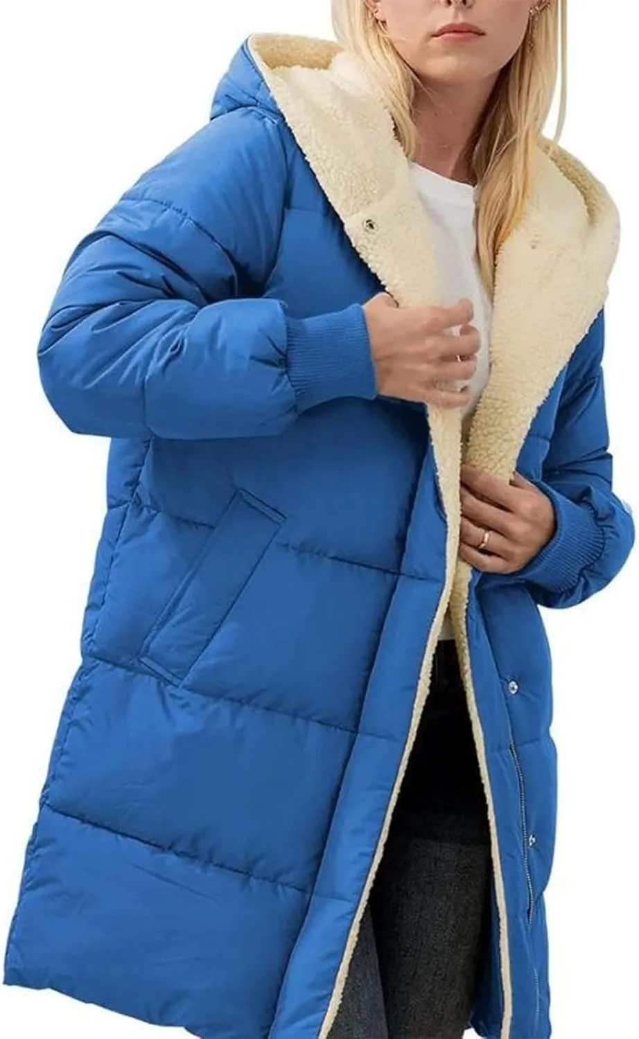 Women Winter Down Jacket Long Quilted Puffer Coat Warm Hooded Loose Fit Outerwear Fashion Casual Reversible Jacket