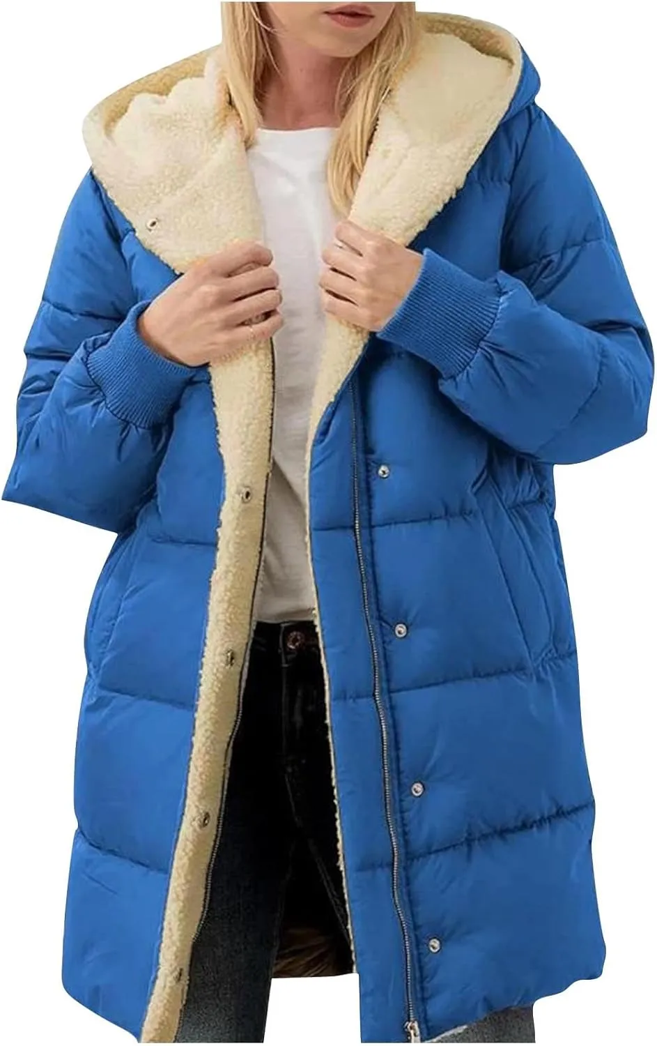 Women Winter Down Jacket Long Quilted Puffer Coat Warm Hooded Loose Fit Outerwear Fashion Casual Reversible Jacket