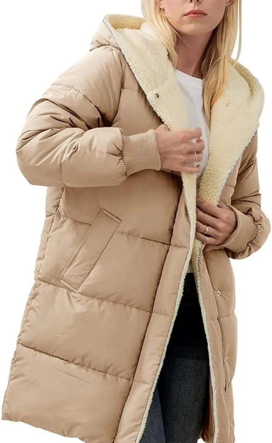 Women Winter Down Jacket Long Quilted Puffer Coat Warm Hooded Loose Fit Outerwear Fashion Casual Reversible Jacket