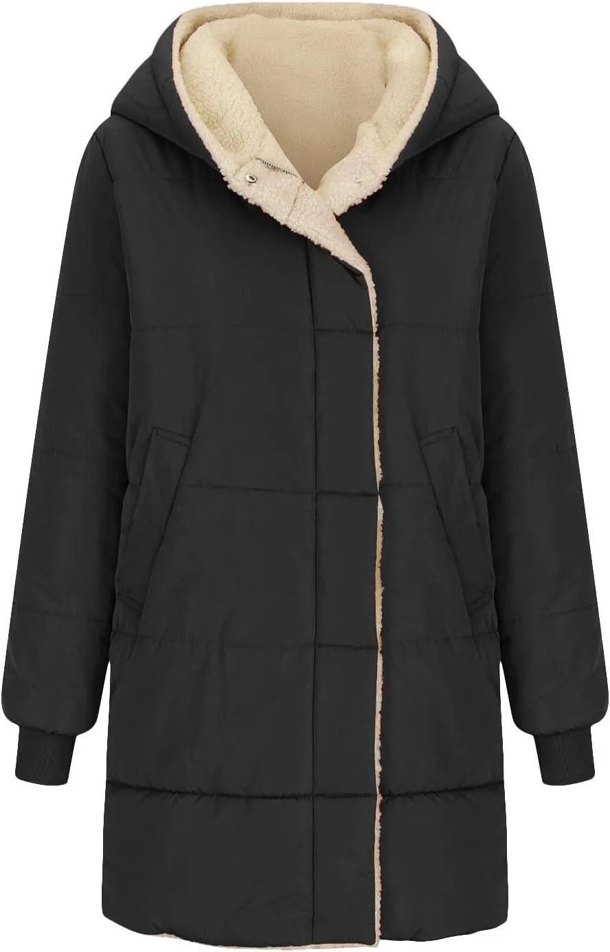 Women Winter Down Jacket Long Quilted Puffer Coat Warm Hooded Loose Fit Outerwear Fashion Casual Reversible Jacket