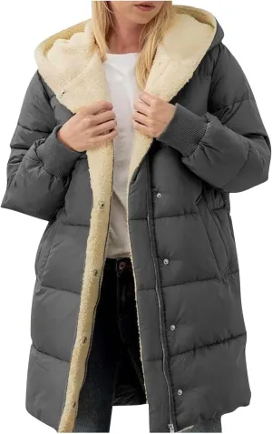 Women Winter Down Jacket Long Quilted Puffer Coat Warm Hooded Loose Fit Outerwear Fashion Casual Reversible Jacket