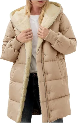 Women Winter Down Jacket Long Quilted Puffer Coat Warm Hooded Loose Fit Outerwear Fashion Casual Reversible Jacket