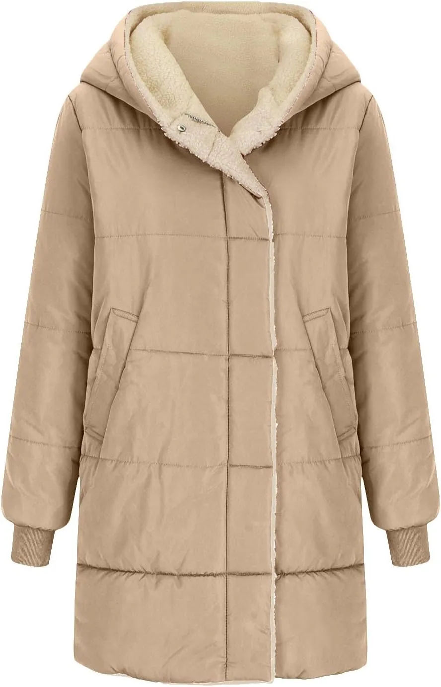 Women Winter Down Jacket Long Quilted Puffer Coat Warm Hooded Loose Fit Outerwear Fashion Casual Reversible Jacket