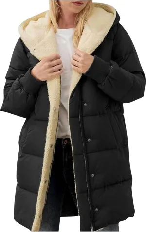 Women Winter Down Jacket Long Quilted Puffer Coat Warm Hooded Loose Fit Outerwear Fashion Casual Reversible Jacket