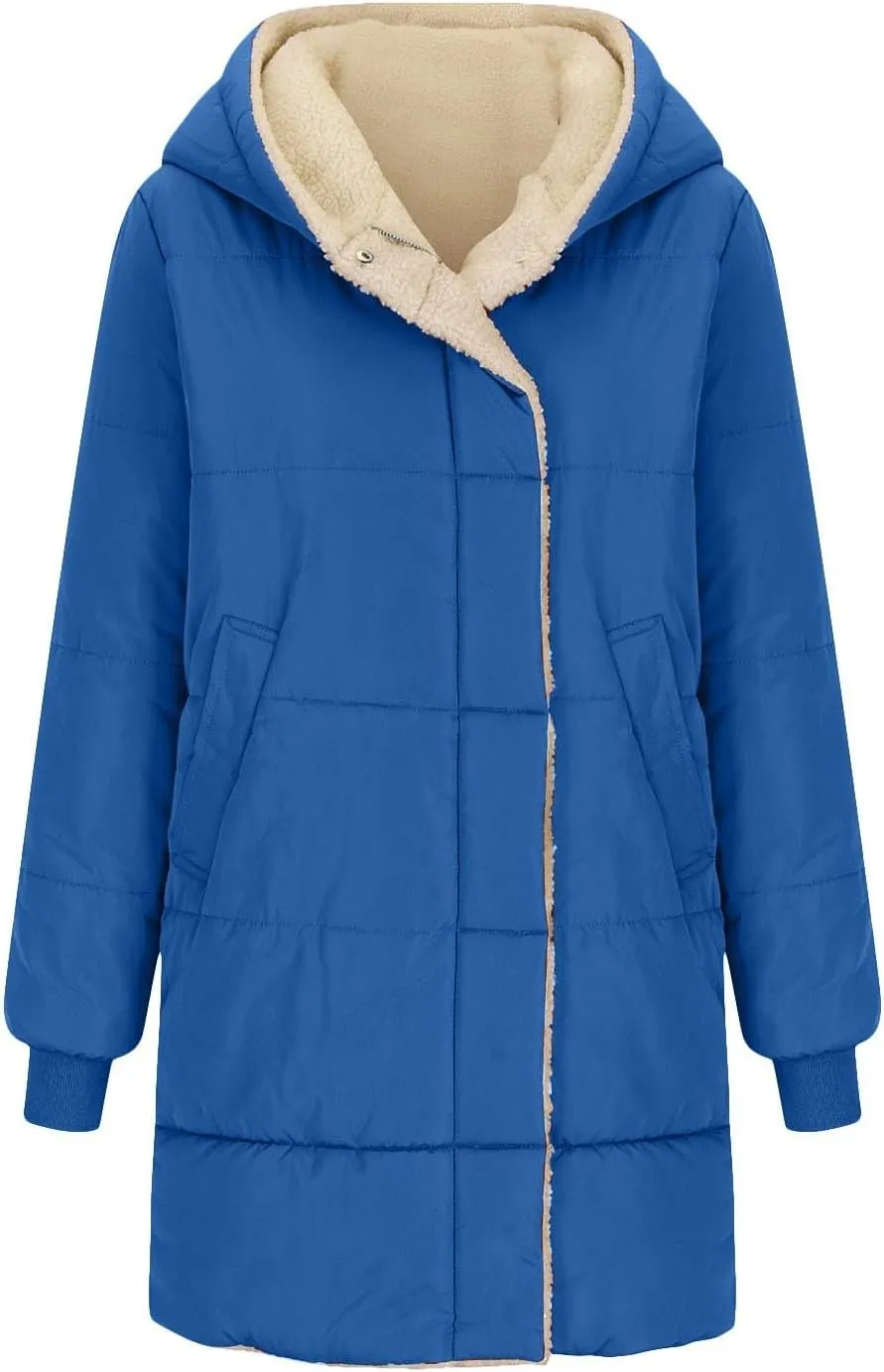 Women Winter Down Jacket Long Quilted Puffer Coat Warm Hooded Loose Fit Outerwear Fashion Casual Reversible Jacket