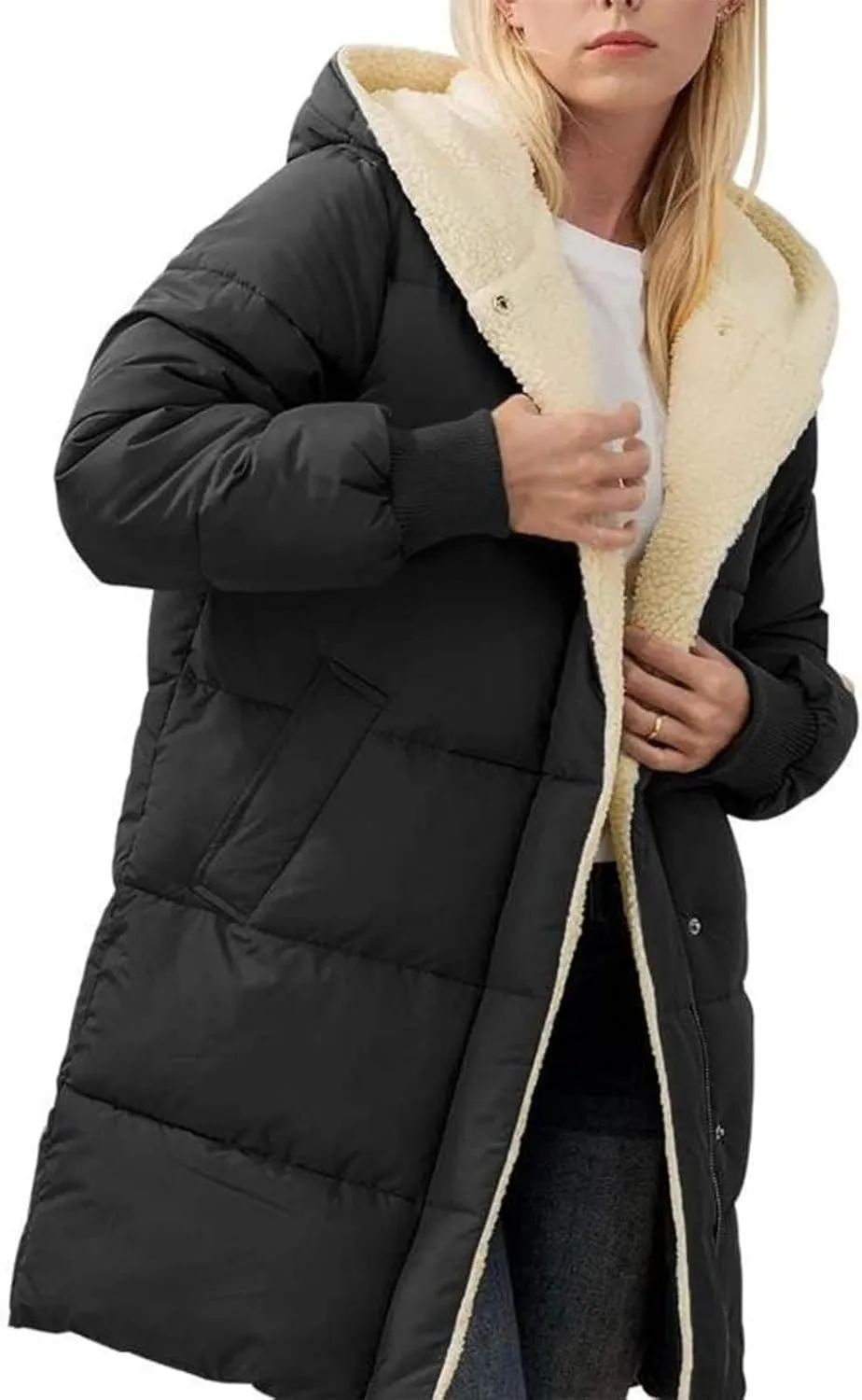 Women Winter Down Jacket Long Quilted Puffer Coat Warm Hooded Loose Fit Outerwear Fashion Casual Reversible Jacket