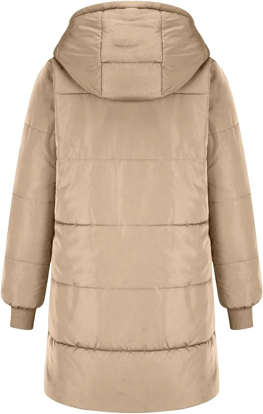 Women Winter Down Jacket Long Quilted Puffer Coat Warm Hooded Loose Fit Outerwear Fashion Casual Reversible Jacket