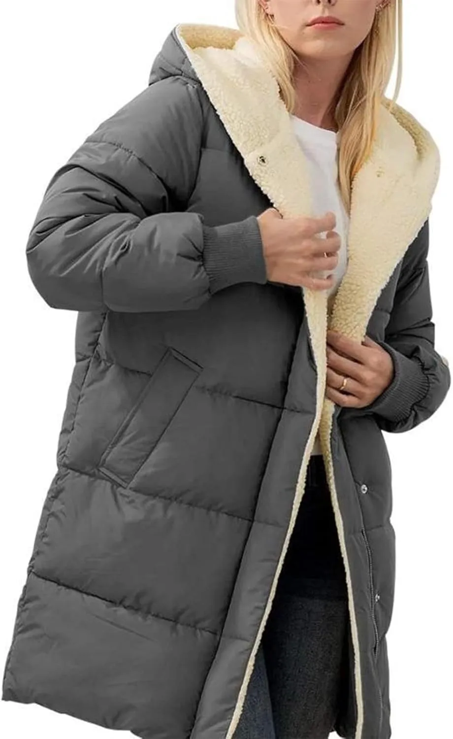 Women Winter Down Jacket Long Quilted Puffer Coat Warm Hooded Loose Fit Outerwear Fashion Casual Reversible Jacket