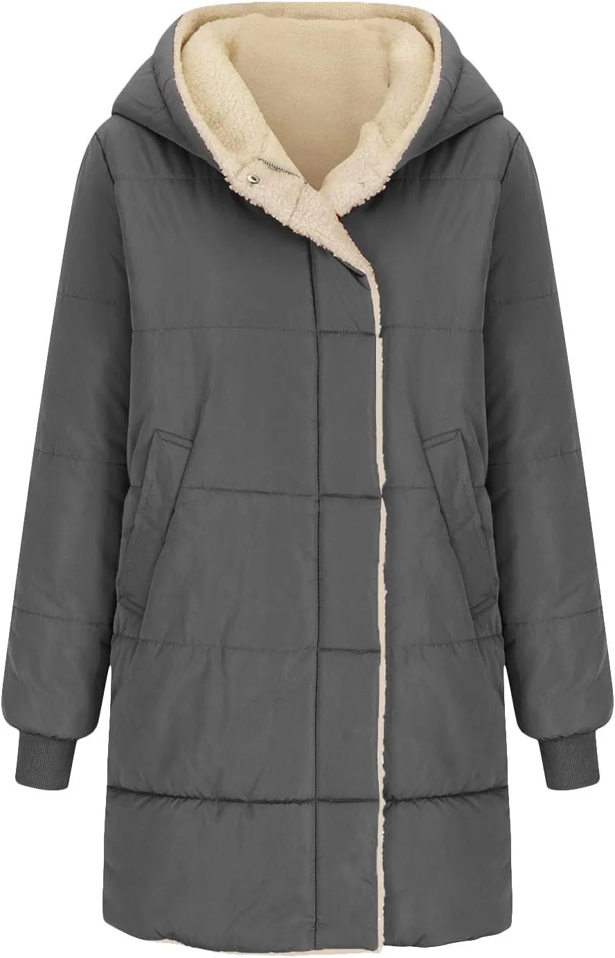Women Winter Down Jacket Long Quilted Puffer Coat Warm Hooded Loose Fit Outerwear Fashion Casual Reversible Jacket