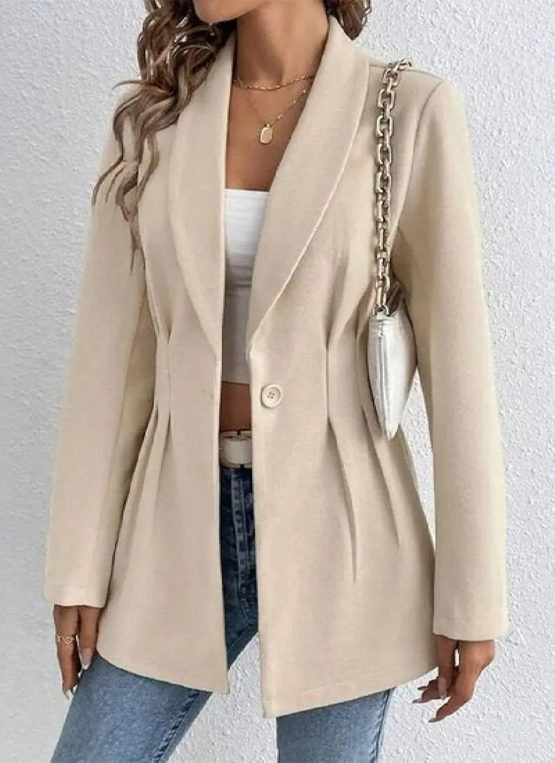 Women's Apricot Solid Lapel Neck Single Button Longline Blazer Long Sleeve Causal Outerwear 2025 Spring Summer Fashion