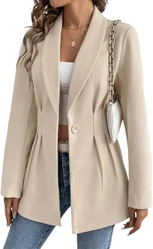 Women's Apricot Solid Lapel Neck Single Button Longline Blazer Long Sleeve Causal Outerwear 2025 Spring Summer Fashion