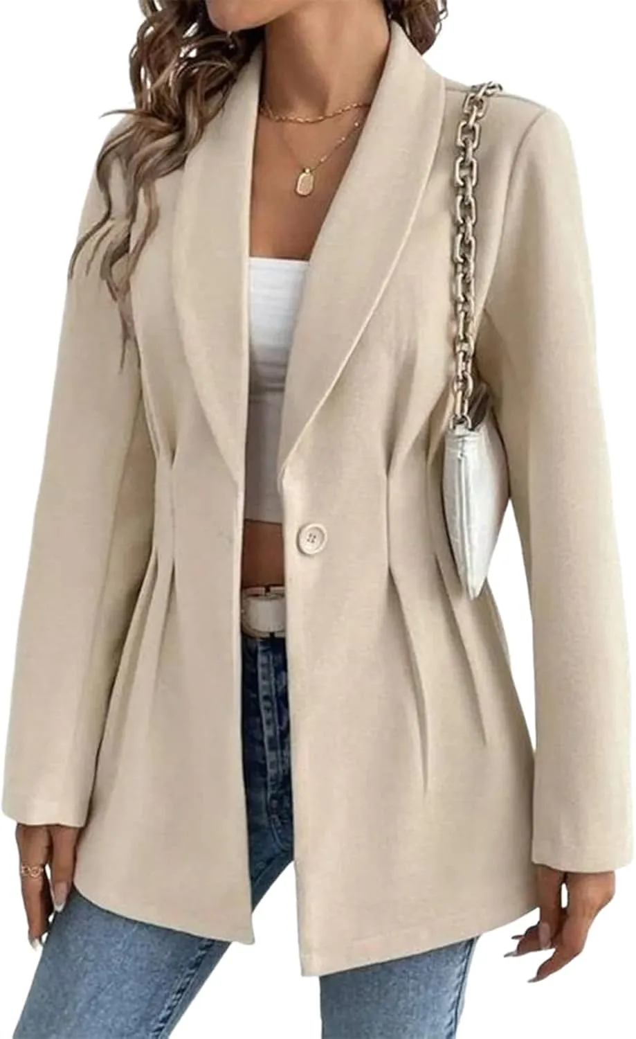 Women's Apricot Solid Lapel Neck Single Button Longline Blazer Long Sleeve Causal Outerwear 2025 Spring Summer Fashion