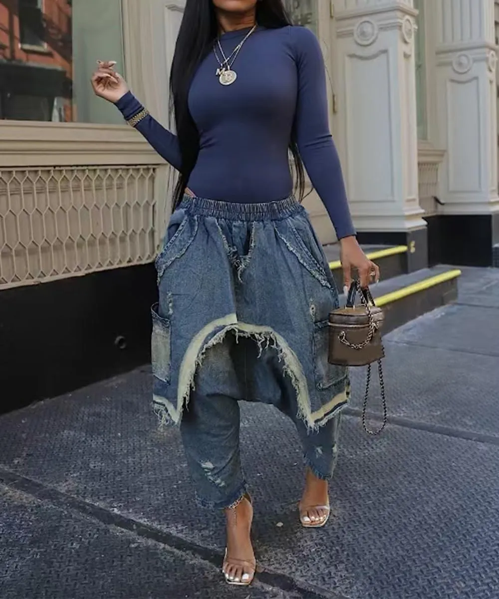 Women's Baggy Stretchy Denim Harem Pants Elastic High Waisted Washed Distressed Ripped Raw Edge Wide Leg Jeans