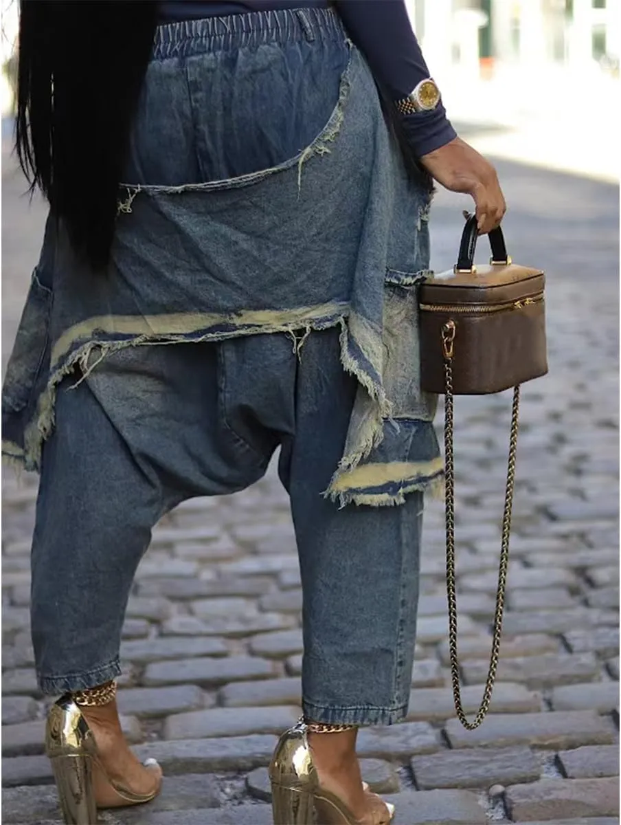Women's Baggy Stretchy Denim Harem Pants Elastic High Waisted Washed Distressed Ripped Raw Edge Wide Leg Jeans