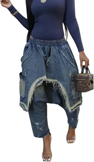 Women's Baggy Stretchy Denim Harem Pants Elastic High Waisted Washed Distressed Ripped Raw Edge Wide Leg Jeans