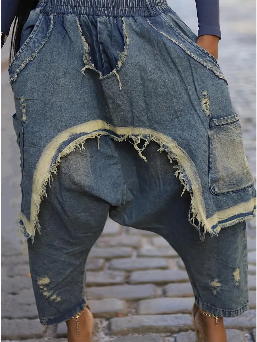 Women's Baggy Stretchy Denim Harem Pants Elastic High Waisted Washed Distressed Ripped Raw Edge Wide Leg Jeans