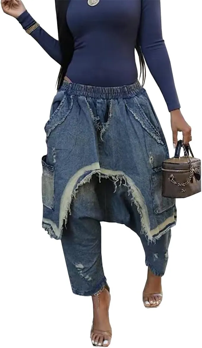 Women's Baggy Stretchy Denim Harem Pants Elastic High Waisted Washed Distressed Ripped Raw Edge Wide Leg Jeans