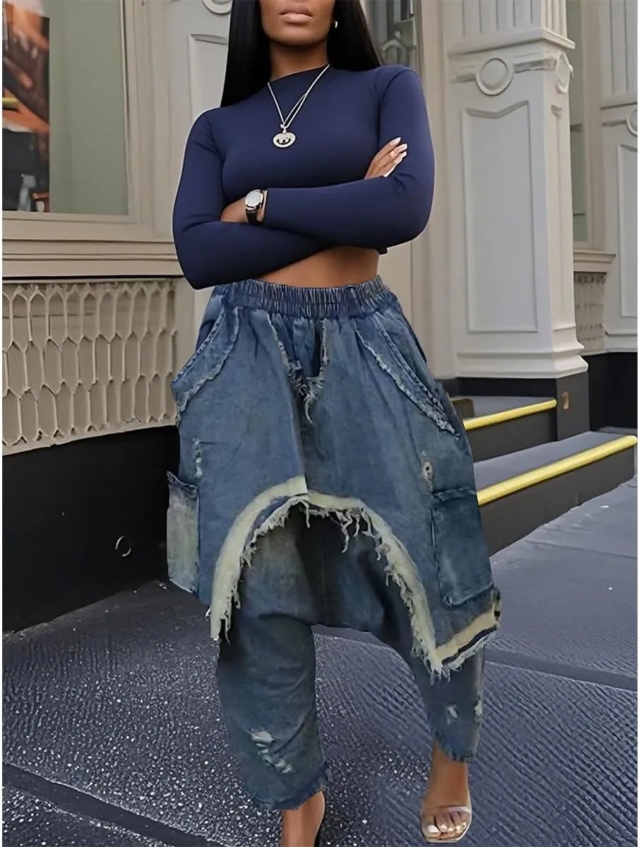 Women's Baggy Stretchy Denim Harem Pants Elastic High Waisted Washed Distressed Ripped Raw Edge Wide Leg Jeans