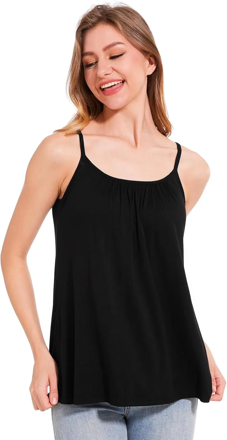 Women's Camisole with Built Bra Flowy Loose Fit Cami Pleated Adjustable Strap Tanks