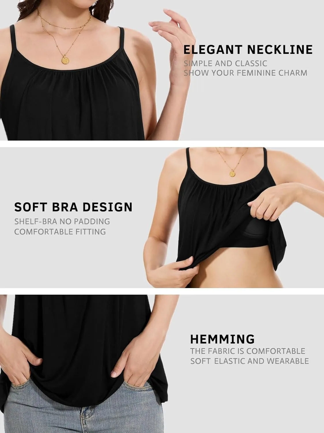 Women's Camisole with Built Bra Flowy Loose Fit Cami Pleated Adjustable Strap Tanks