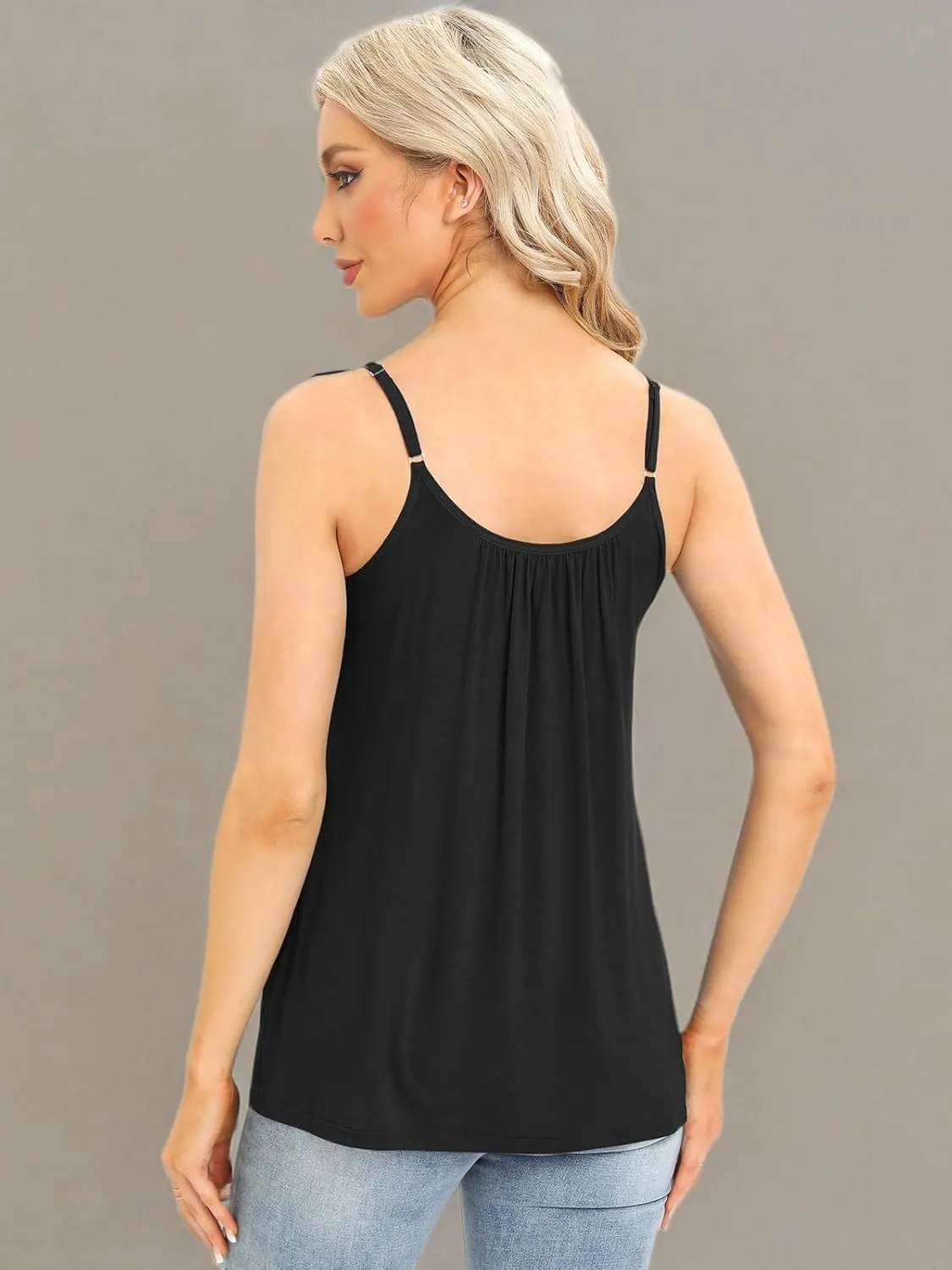 Women's Camisole with Built Bra Flowy Loose Fit Cami Pleated Adjustable Strap Tanks