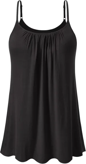 Women's Camisole with Built Bra Flowy Loose Fit Cami Pleated Adjustable Strap Tanks